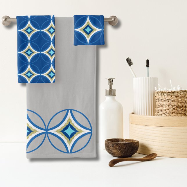 Elegant Blue & Gold shippo pattern on grey  Bath Towel Set (Creator Uploaded)