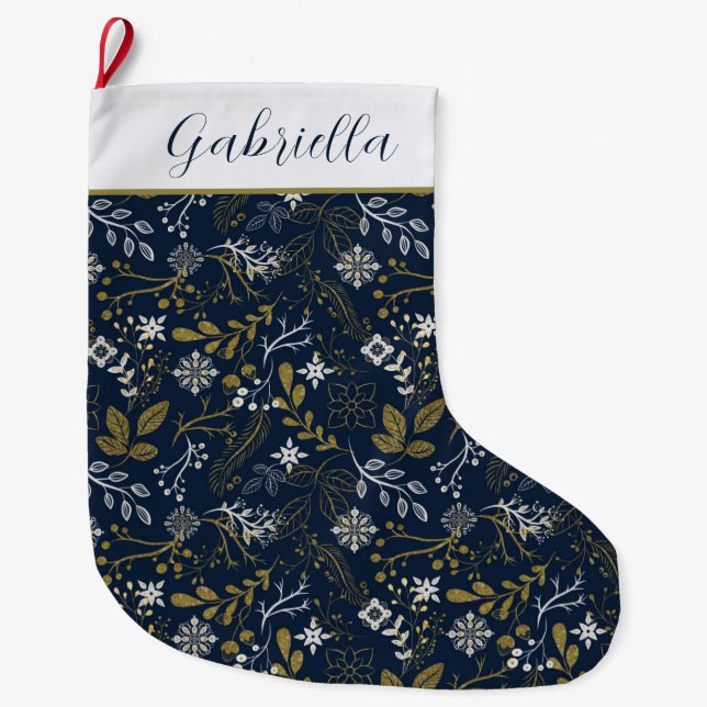Elegant Blue Gold Silver Botanical Pattern Large Christmas Stocking (Front)