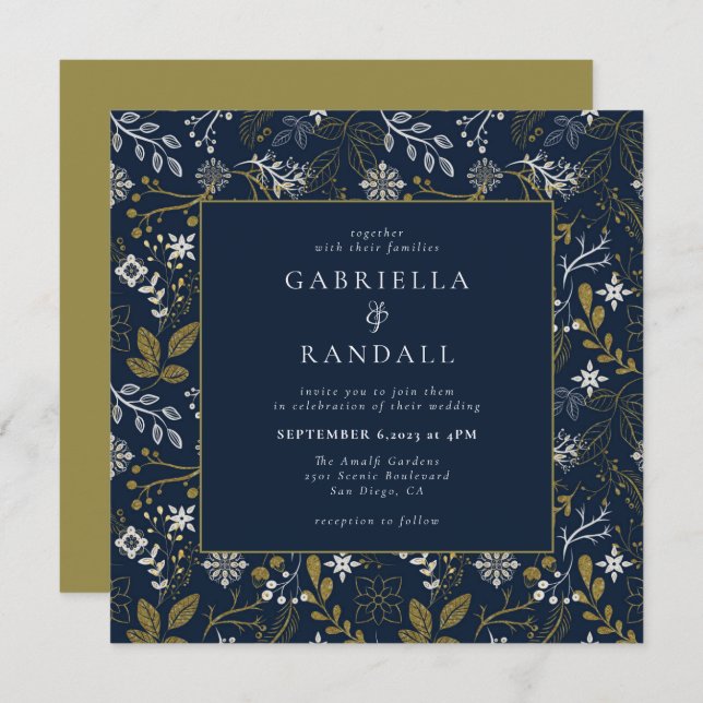 Elegant Blue Gold Silver Botanical Print Wedding  Invitation (Front/Back)