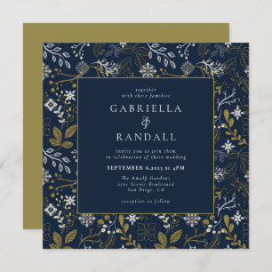 Elegant Blue Gold Silver Botanical Print Wedding  Invitation