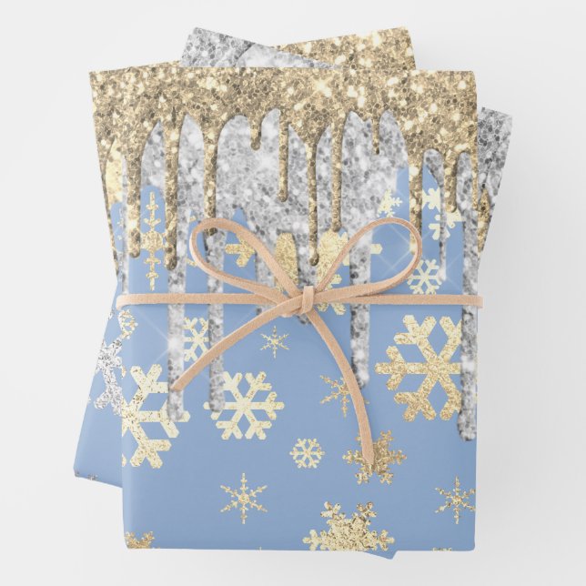 Elegant Blue Gold Silver Christmas Snowflakes   Wrapping Paper Sheet (In situ)