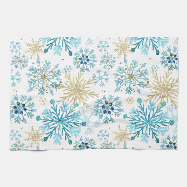 Elegant Blue & Gold Snowflake Pattern Tea Towel (Horizontal)