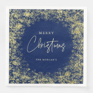 Elegant Blue Gold Snowflakes Christmas Napkin