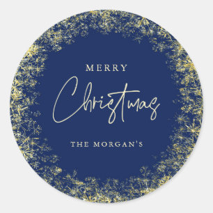 Elegant Blue Gold Snowflakes Merry Christmas Classic Round Sticker