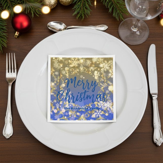 Elegant Blue Gold Snowflakes Merry Christmas Napkin (Creator Uploaded)