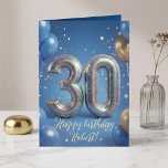 Elegant Blue Gold Sparkly Balloons 30th Birthday Card<br><div class="desc">Celebrate a milestone 30th birthday in style with this elegant and festive greeting card. Featuring a rich blue background decorated with realistic gold and blue party balloons and dazzling gold confetti, this design is perfect for making an impact. The centerpiece is a stunning, 3D sparkly multi-colored balloon typography showcasing the...</div>