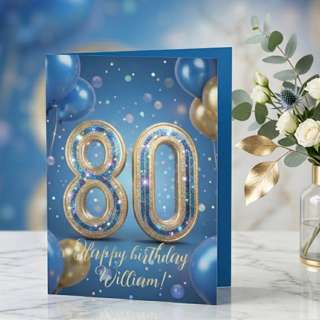 Elegant Blue Gold Sparkly Balloons 80th Birthday Card (Creator Uploaded)