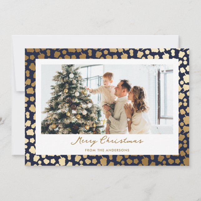 Elegant Blue Gold Stars Photo Merry Christmas Holiday Card (Front)