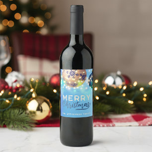 Elegant Blue Gold String Lights Christmas Wine Label