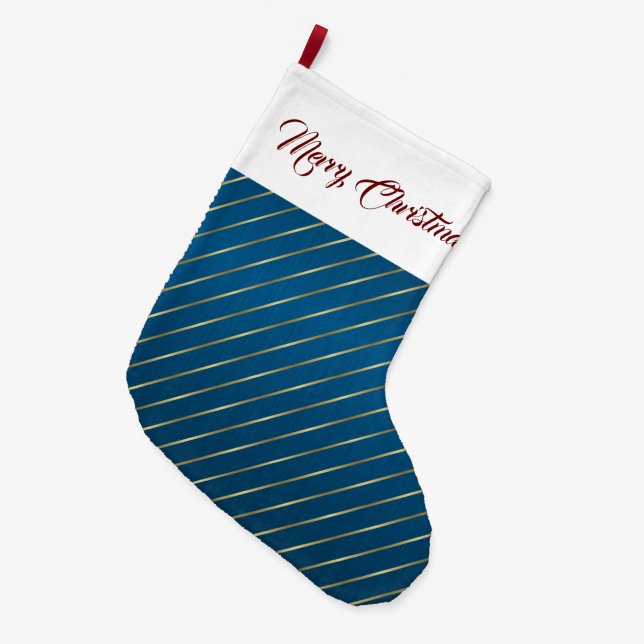 Elegant Blue Gold Stripes Christmas Stocking (Front (Hanging))