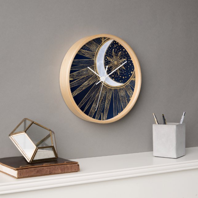 Elegant Blue Gold Sun Moon Mandala Clock (Office)