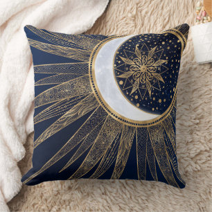 Elegant Blue Gold Sun Moon Mandala Cushion