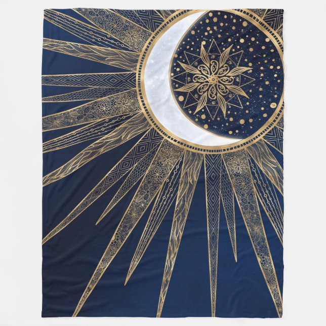 Elegant Blue Gold Sun Moon Mandala Fleece Blanket (Front)
