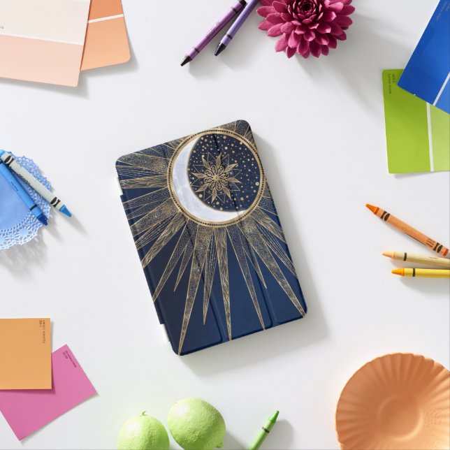 Elegant Blue Gold Sun Moon Mandala iPad Mini Cover (In Situ)
