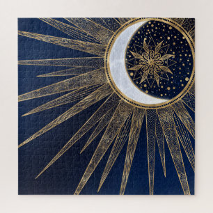 Elegant Blue Gold Sun Moon Mandala Jigsaw Puzzle