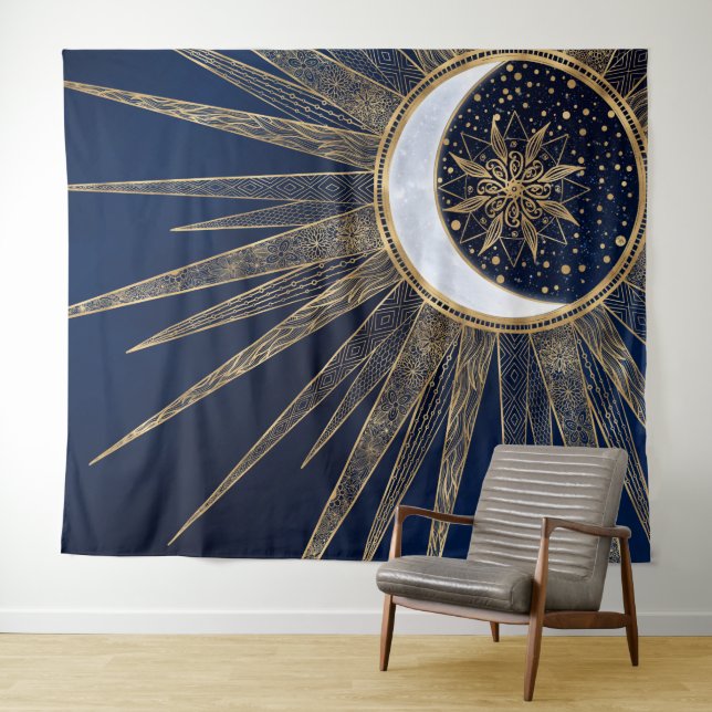 Elegant Blue Gold Sun Moon Mandala Tapestry (In Situ (Horizontal))