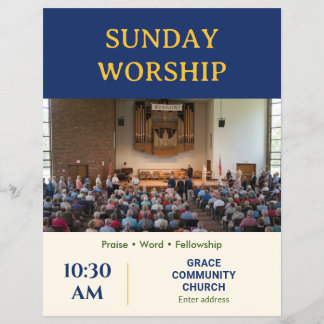 Elegant Blue Gold Sunday Worship Church Promotion Flyer