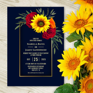 Elegant Blue Gold Sunflower Red Rose Wedding Invitation