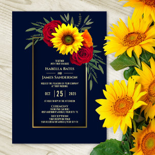 Elegant Blue Gold Sunflower Red Rose Wedding Invitation