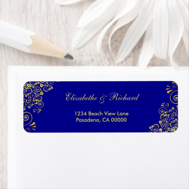 Elegant Blue Gold Swirls wedding Return Address Label (Insitu)