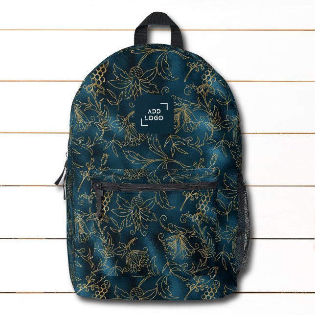 Elegant Blue Gold Tropical Floral Logo Corporate Printed Backpack (Creator Uploaded)
