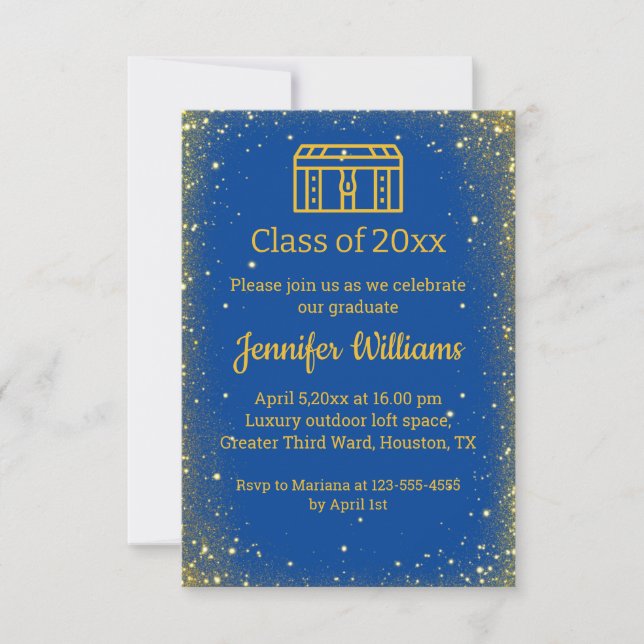 elegant blue gold trunk glitters graduation invitation (Front)