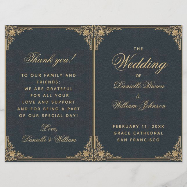 Elegant Blue Gold Vintage Folded Wedding Program (Front)