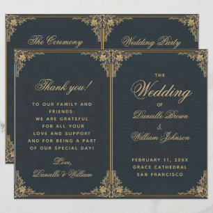 Elegant Blue Gold Vintage Folded Wedding Program