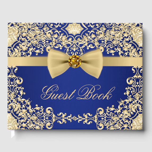 Elegant Blue Gold Wedding Party Event Guest Book (Front)