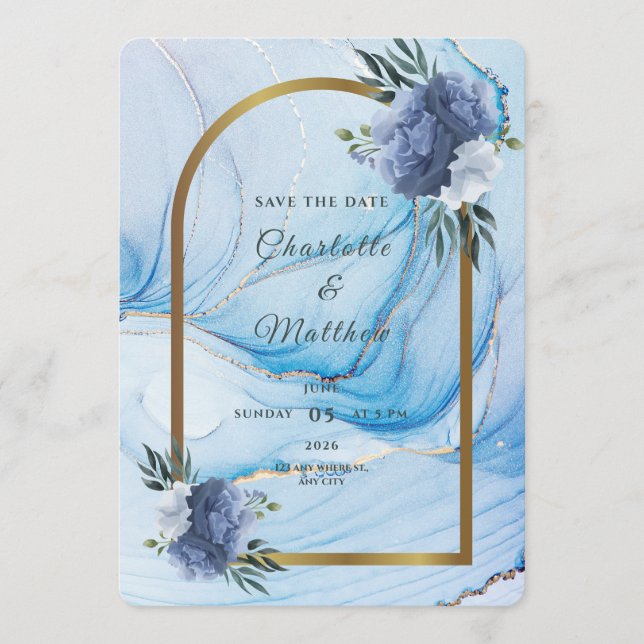 Elegant Blue & Gold Wedding Save the Date  (Front)