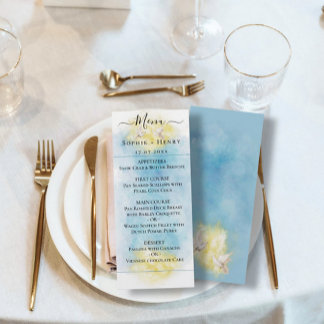 Elegant Blue & Gold Wedding white Doves Menu Card