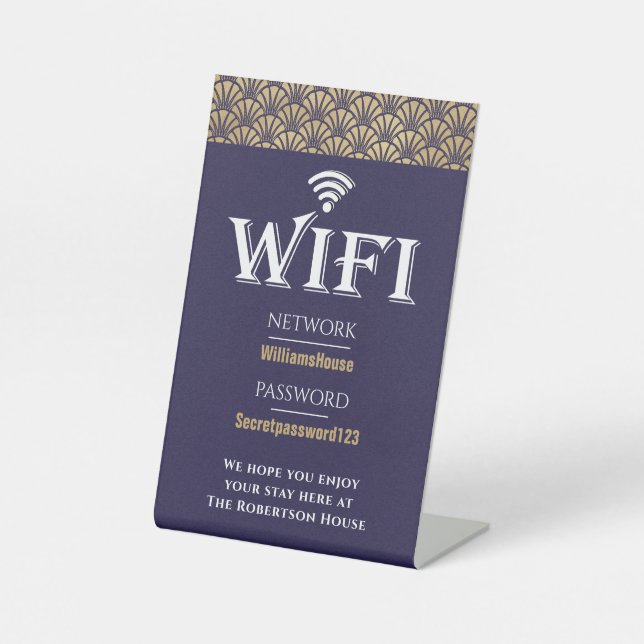 Elegant Blue Gold Wifi Password Network  Pedestal Sign (Front)