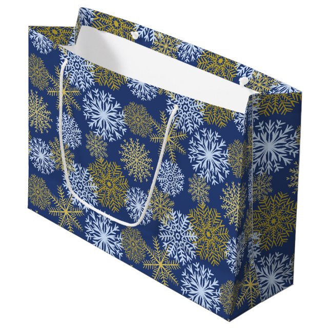 Elegant Blue Gold Winter Snowflakes Christmas Large Gift Bag (Front Angled)