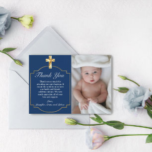 Elegant Blue Golden Cross Boys Baptism Thank You Card