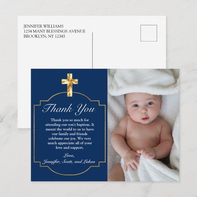 Elegant Blue Golden Cross Boys Baptism Thank You Postcard (Front/Back)
