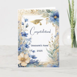 Elegant Blue Golden Flower Personalised Graduation Card