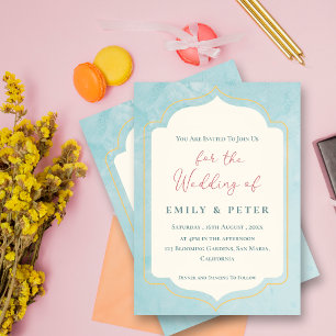 Elegant Blue Golden Frame Minimalist Wedding Invitation