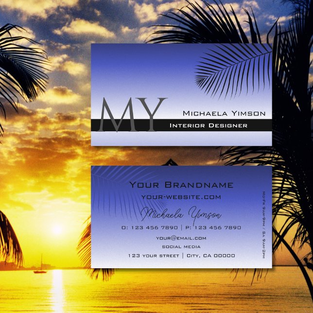 Elegant Blue Gradient Palm Leaf Monogram Simple Business Card (Creator Uploaded)