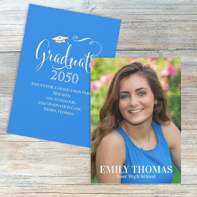 Elegant Blue Graduation Calligraphy Simple Photo Invitation (Creator Uploaded)