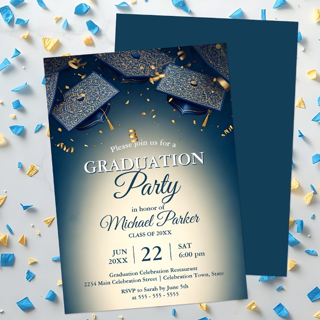 Elegant Blue Graduation Caps with Gold Confetti Invitation (Creator Uploaded)
