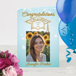 Elegant Blue Graduation with Photo & Gold Accents Card