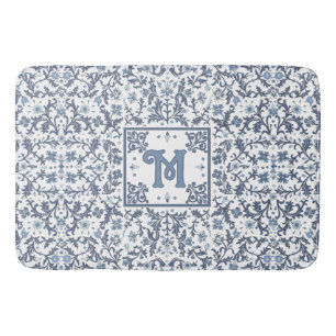 Elegant Blue Graphic Floral Pattern Monogram Bath Mat