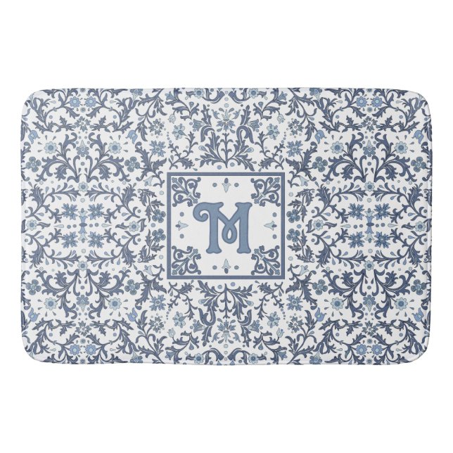 Elegant Blue Graphic Floral Pattern Monogram Bath Mat (Front)