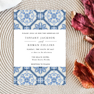 Elegant Blue Greek Tile Wedding Invitation