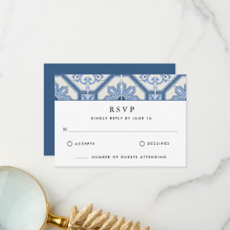 Elegant Blue Greek Tile Wedding Thank You Card