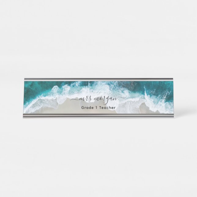 Elegant Blue Green Beach Script Teacher Desk Name Plate (Front)