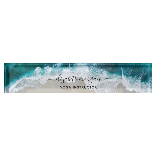 Elegant Blue Green Beach Script Yoga Instructor Nameplate (Front)