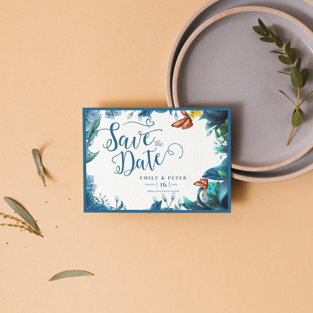 Elegant Blue Green Botanical Butterfly Wedding Save The Date (Elegant Blue Green Botanical Butterfly Wedding Save The Date)