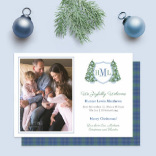 Elegant Blue Green Christmas Photo Baby Boy Birth  Announcement