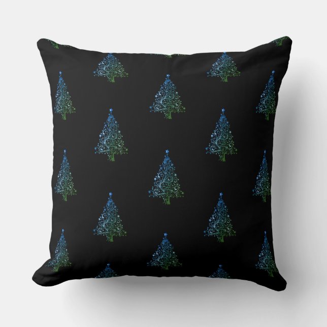 Elegant Blue Green Christmas Tree Pattern Black Cushion (Front)